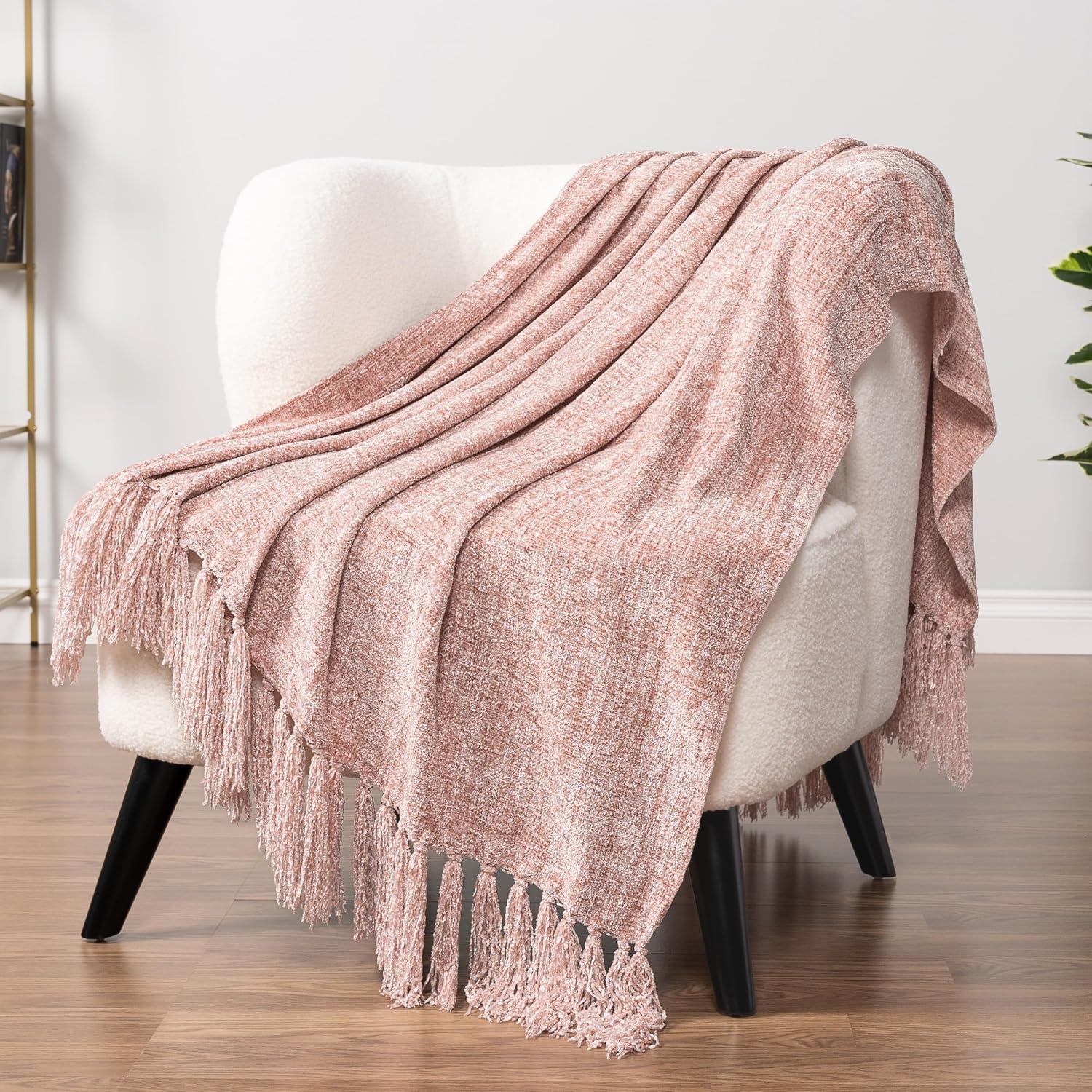 PAVILIA Pink Chenille Throw Blanket with Tassels, 50 x 60 Inch