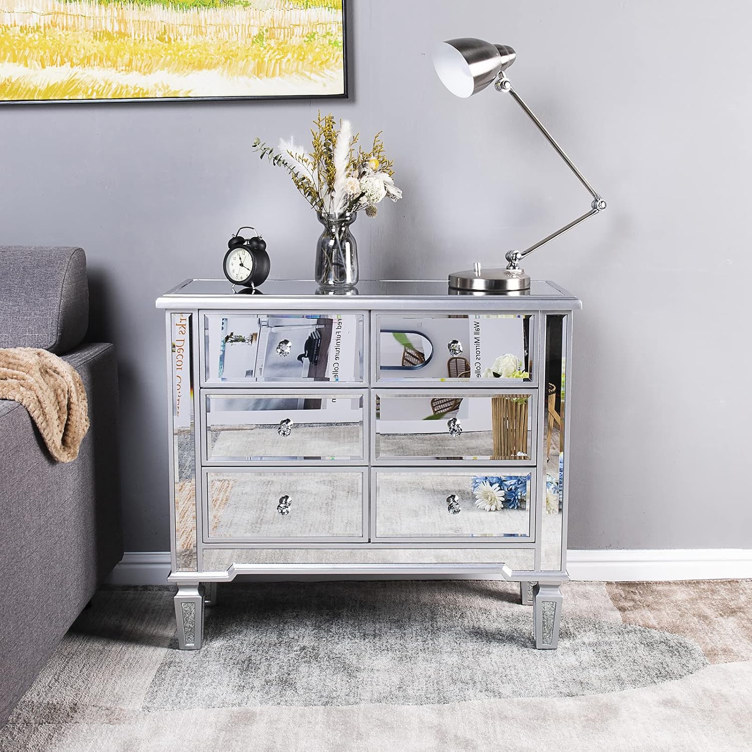 VINGLI Mirrored Dresser with 6 Storage Drawers, Silver