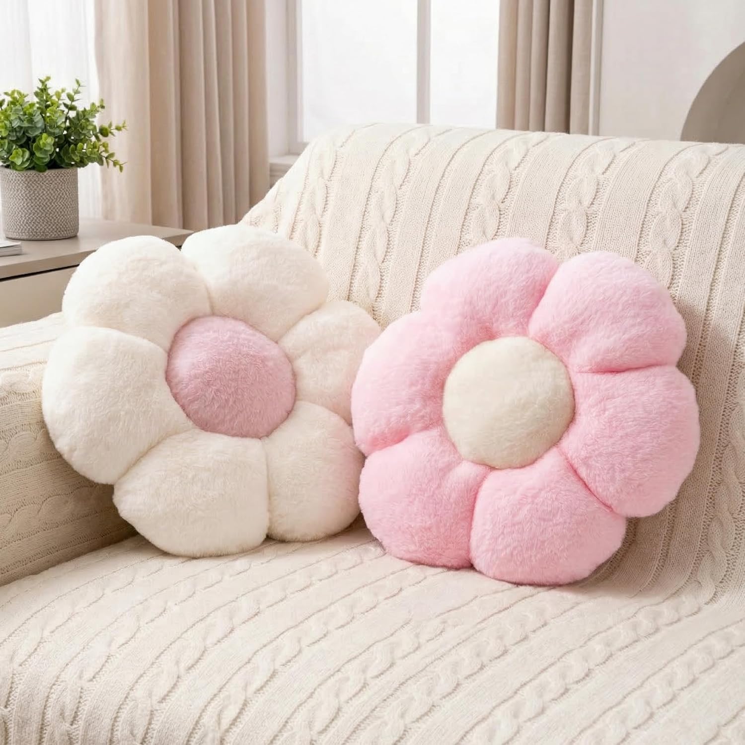 Pink Flower Throw Pillows, 2 Pack, Cute Decorative Bed Pillows