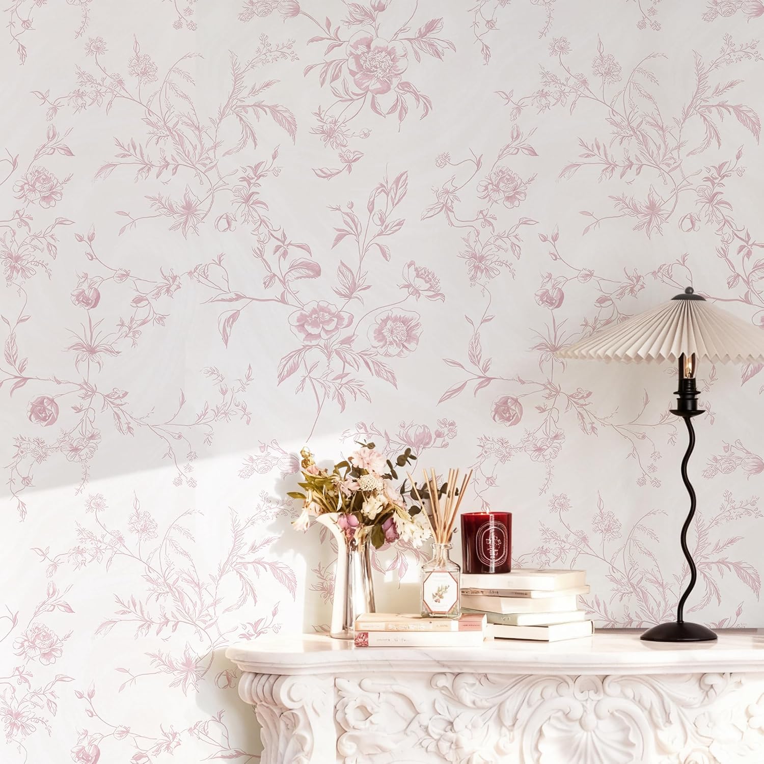 Pink Floral Peel and Stick Wallpaper, Vintage French Style