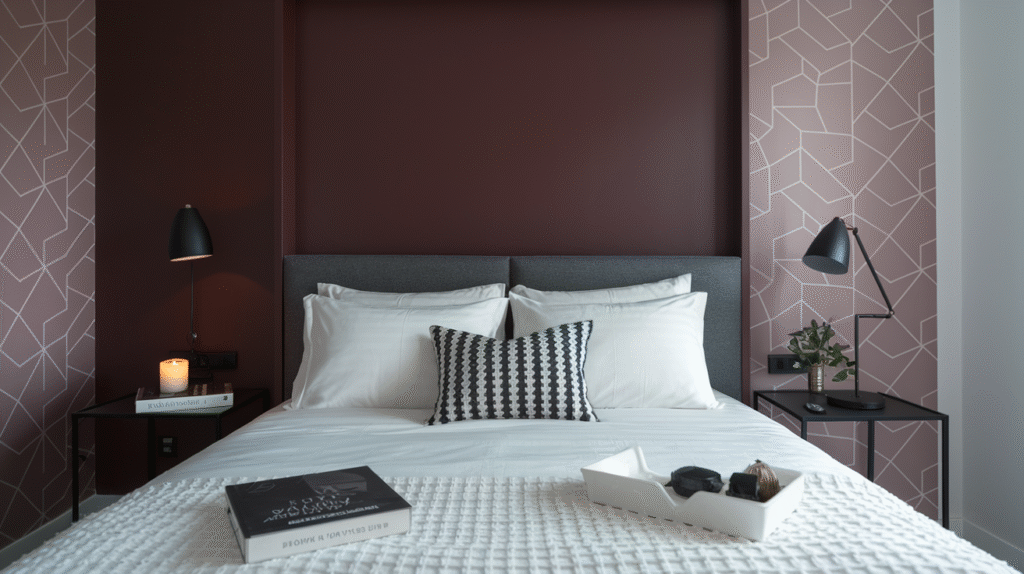 Moody burgundy headboard wall flanked by mauve pink geometric patterned wallpaper, with a gray upholstered headboard and white bedding