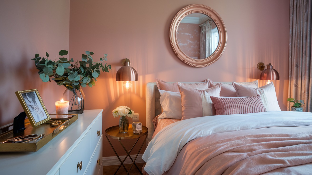 Blush pink bedroom with a round rose gold mirror above the bed, copper wall sconces and layered pink and white pillows