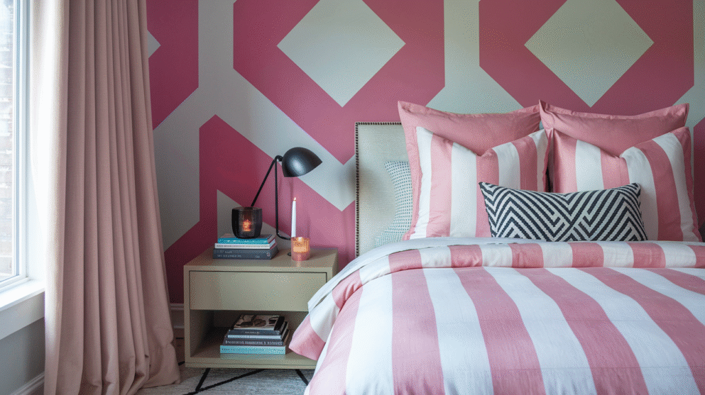 Pink and white striped duvet with a bold pink and white geometric diamond wallpaper accent wall and matching curtains