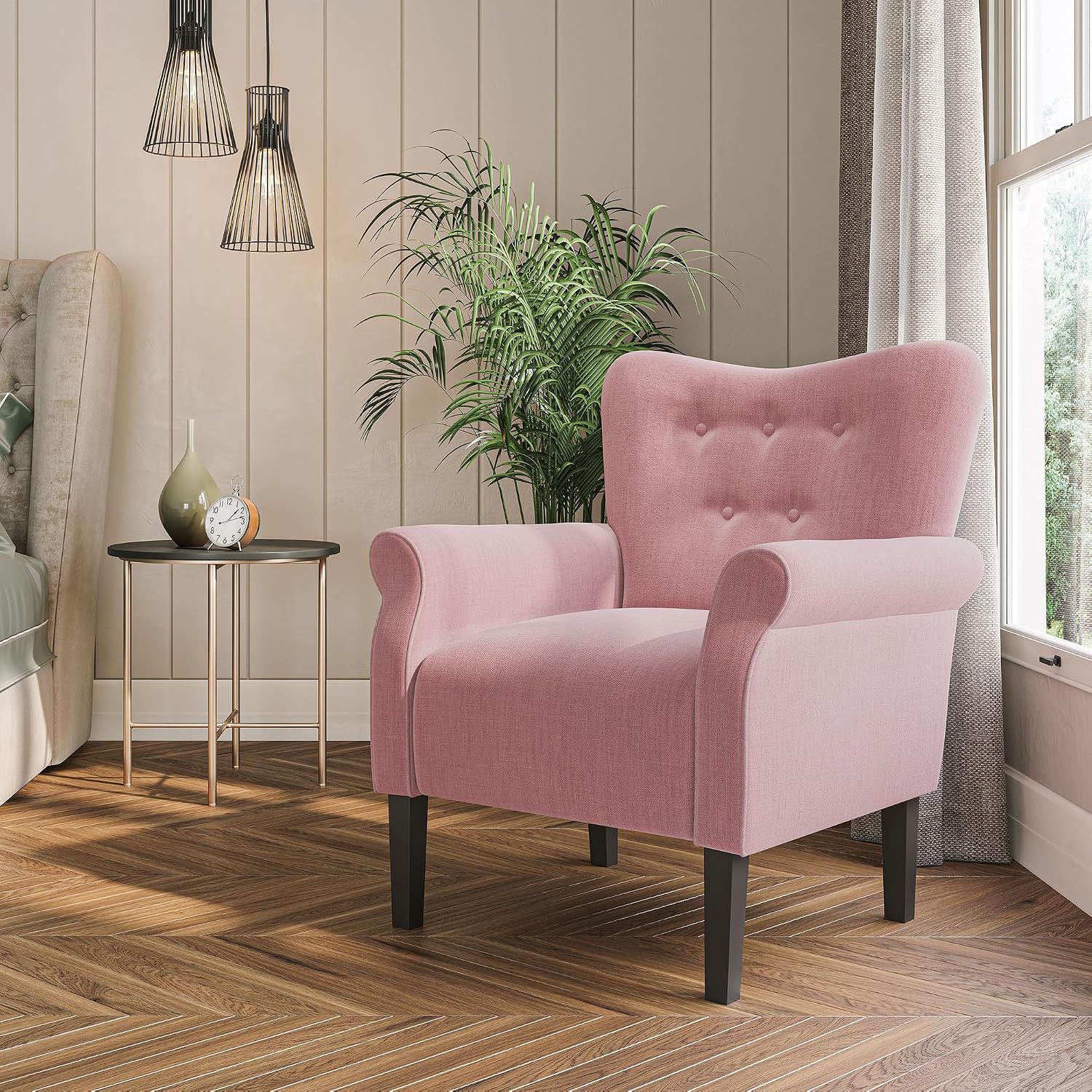 BELLEZE Modern High Back Wingback Accent Chair, Upholstered, Pink