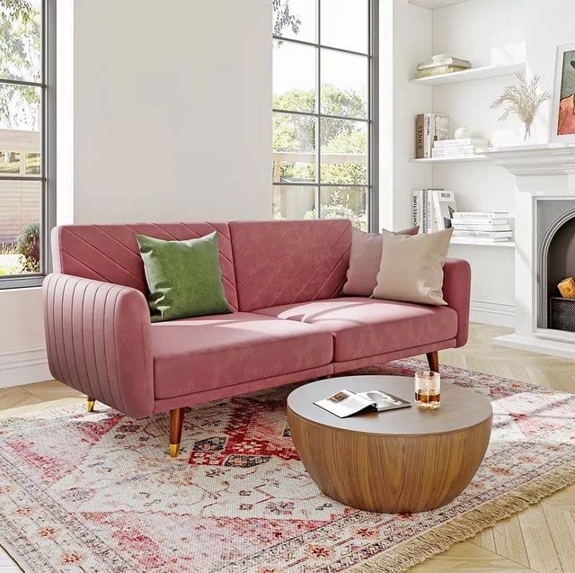 Pink Blush Velvet Futon Couch Sofa Bed with 2 Pillows, Convertible Sleeper