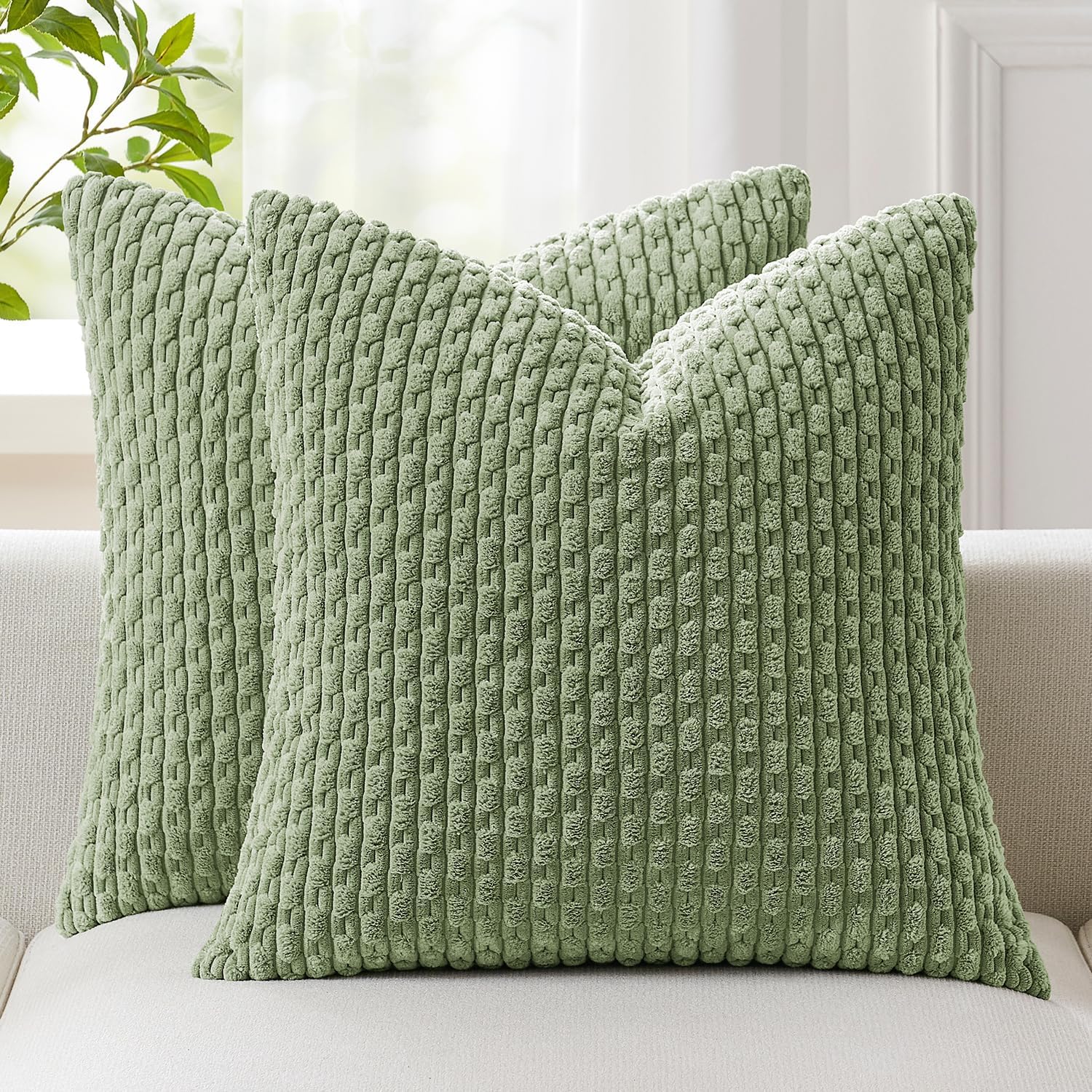 Kevin Textile Soft Corduroy Pillow Covers, 18 x 18 Inch, Sage Green, 2 Pack