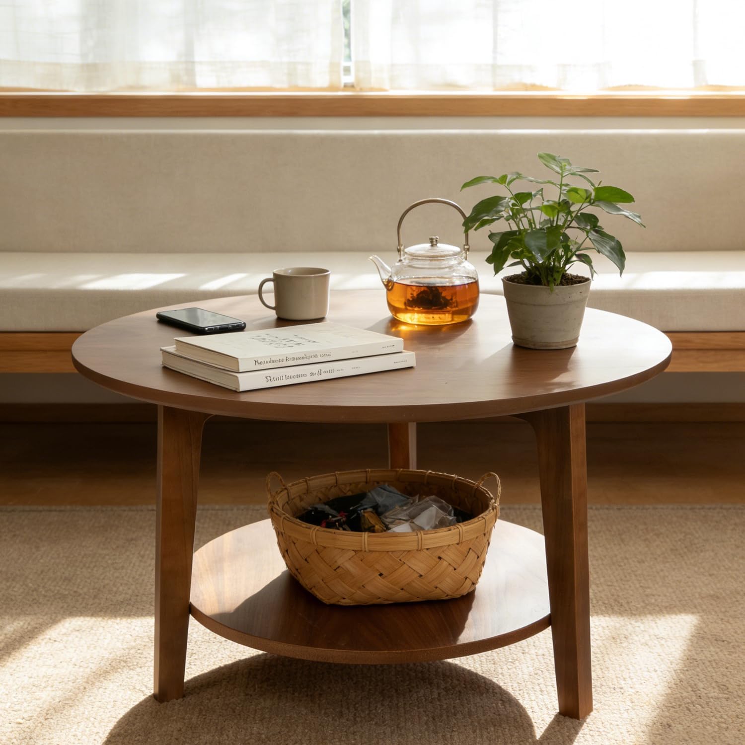 2-Tier Round Wood Coffee Table, Walnut, 28 x 28 x 18 Inch