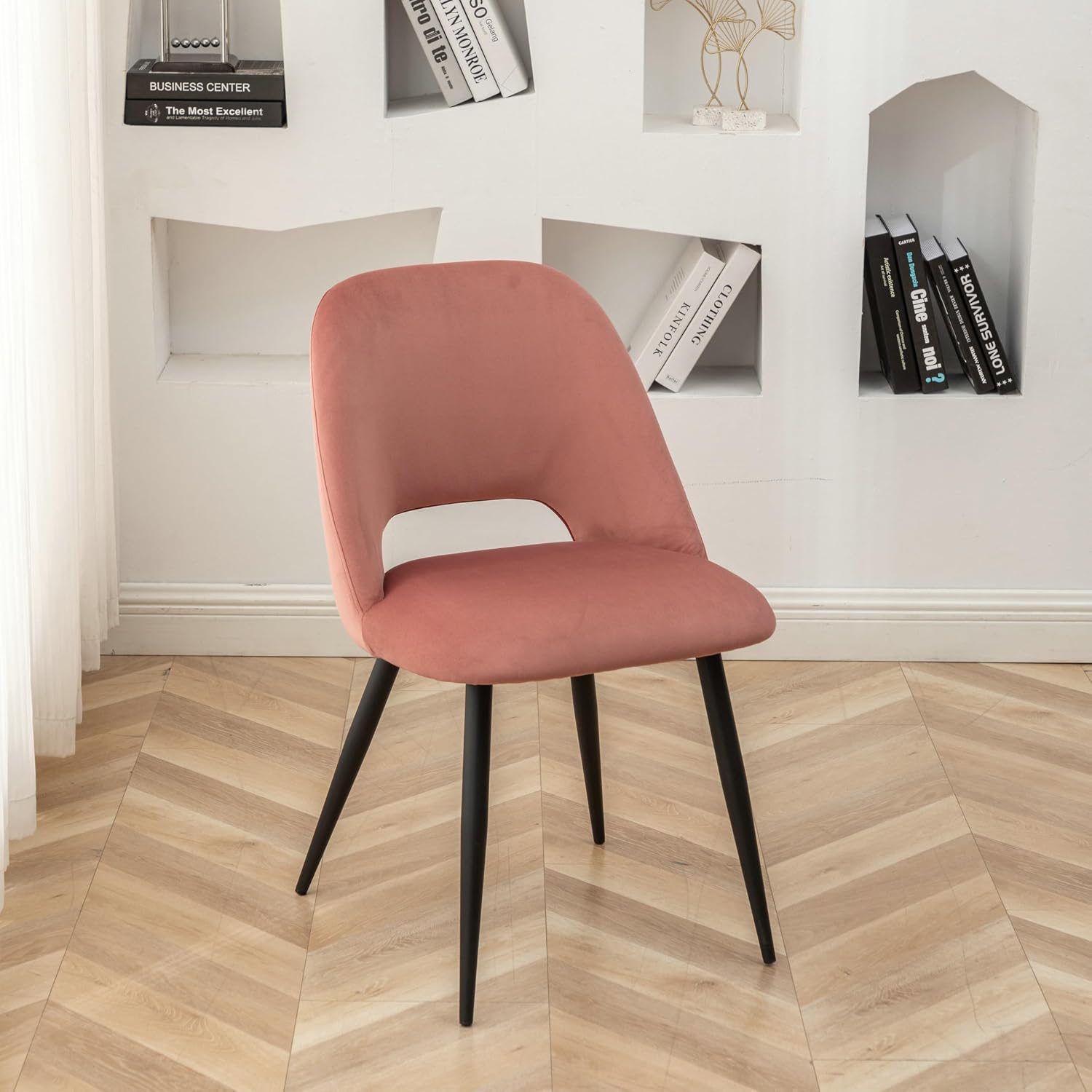Pink Velvet Dining Chairs, Set of 2, Black Metal Legs