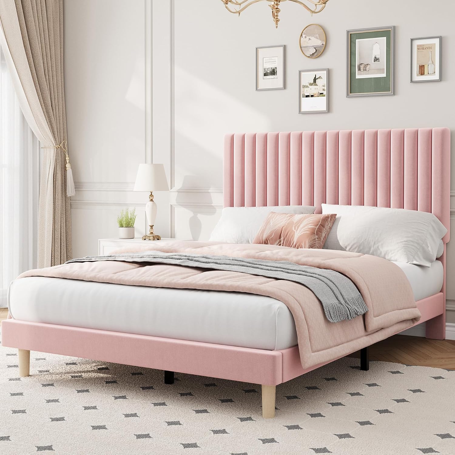 Velvet Upholstered Platform Bed Frame with Adjustable Headboard, Pink, Full