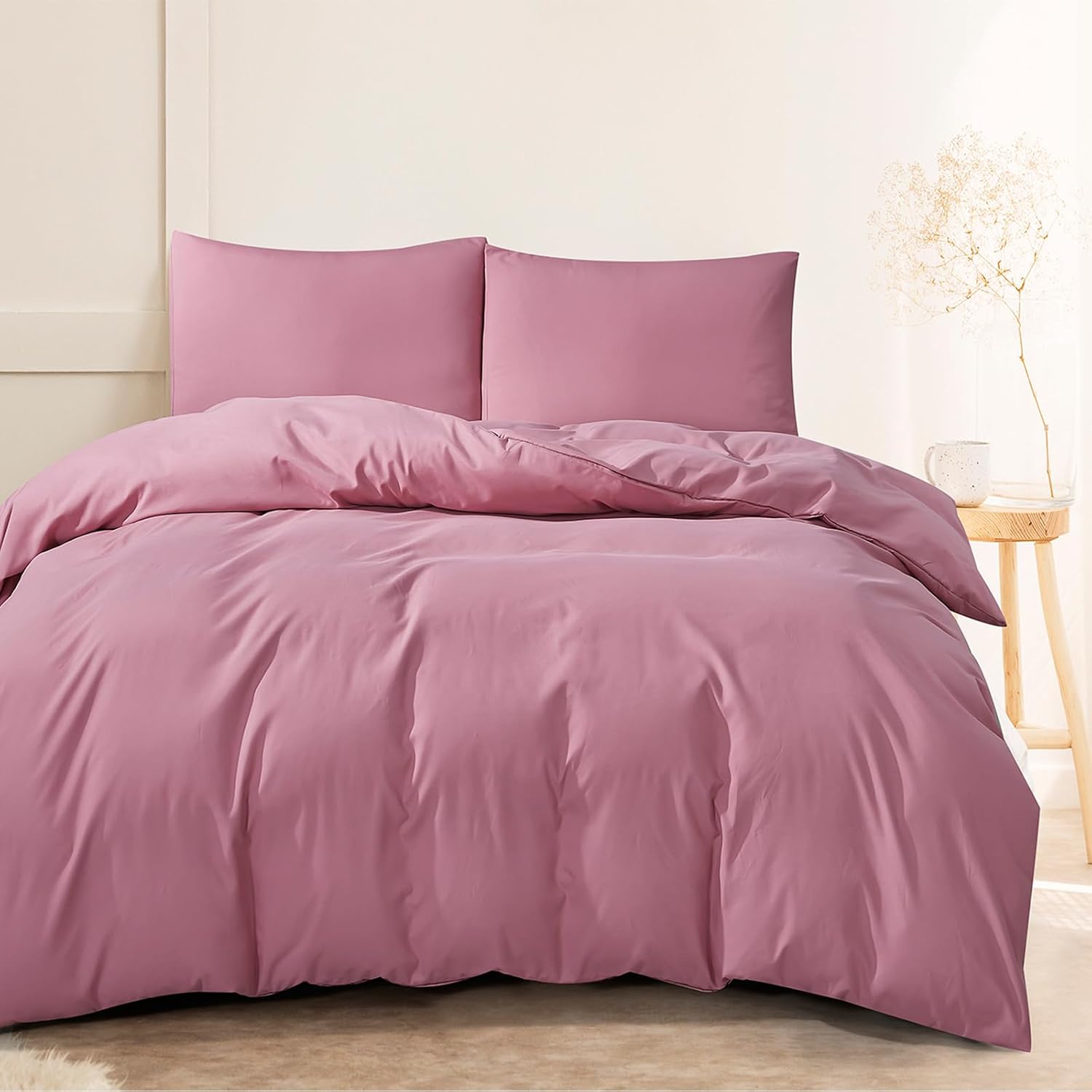Washed Microfiber Dusty Rose Pink Duvet Cover Set, Queen, 3 Piece