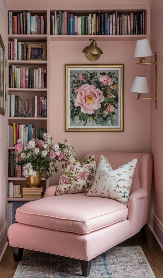 Pink accent chair and side table styled in a cozy reading nook corner
