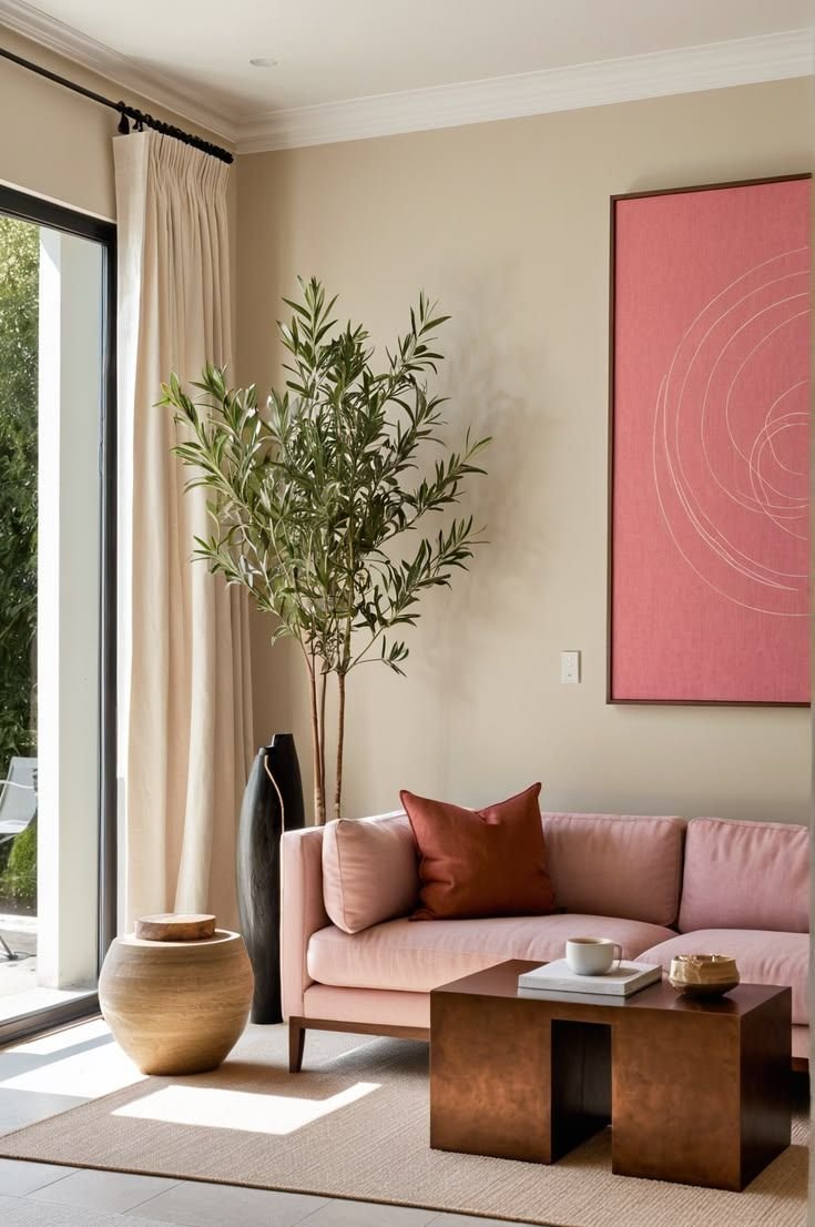 Pink velvet sofa anchoring a living room with neutral accents