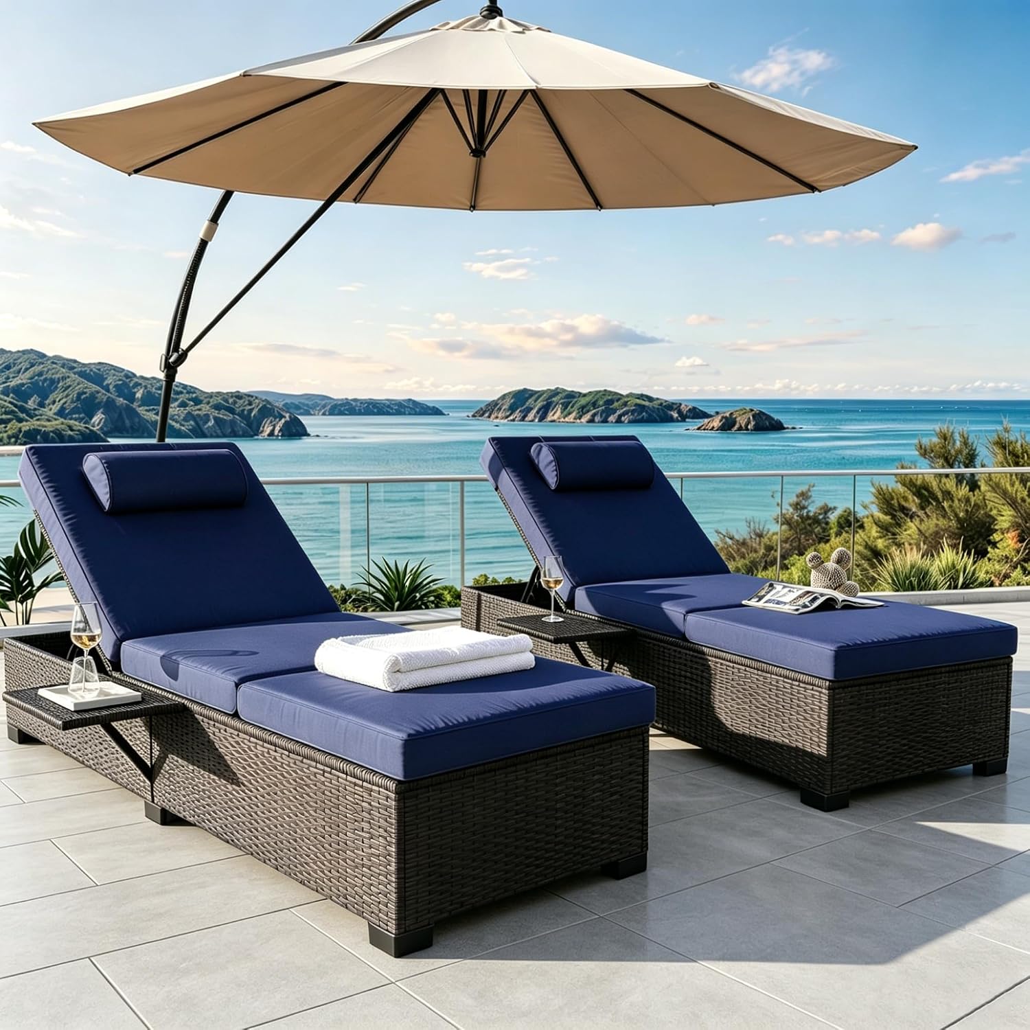 Outdoor PE Wicker Chaise Lounge Chairs, Set of 2, Adjustable Pool Recliners