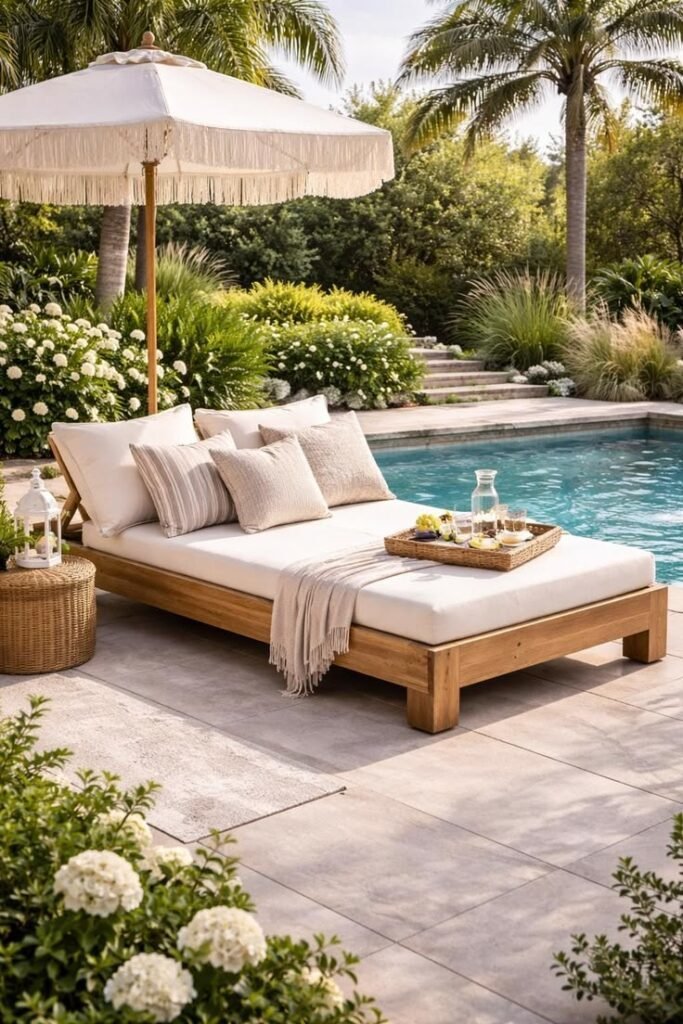 Cohesive poolside styling with consistent design choices