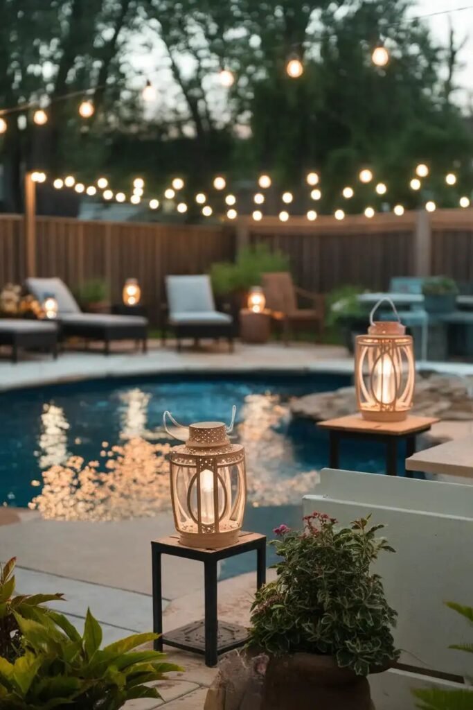 String lights and lanterns illuminating a poolside area