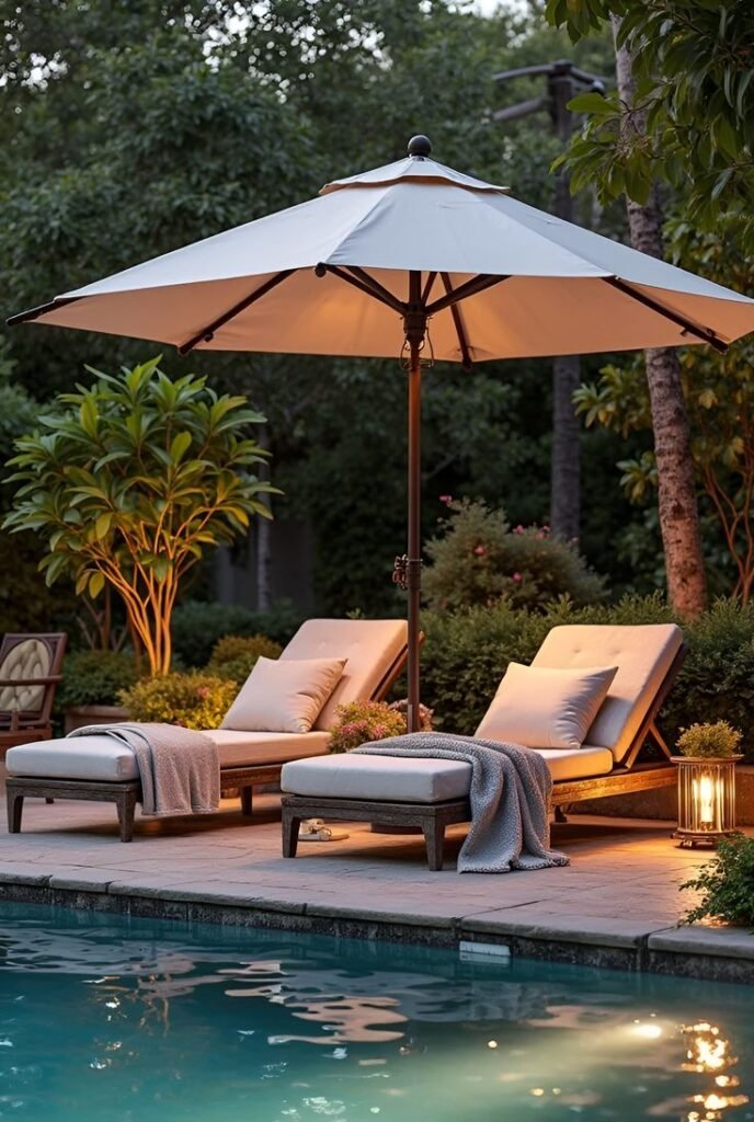 Resort-style lounge zone with comfortable poolside seating