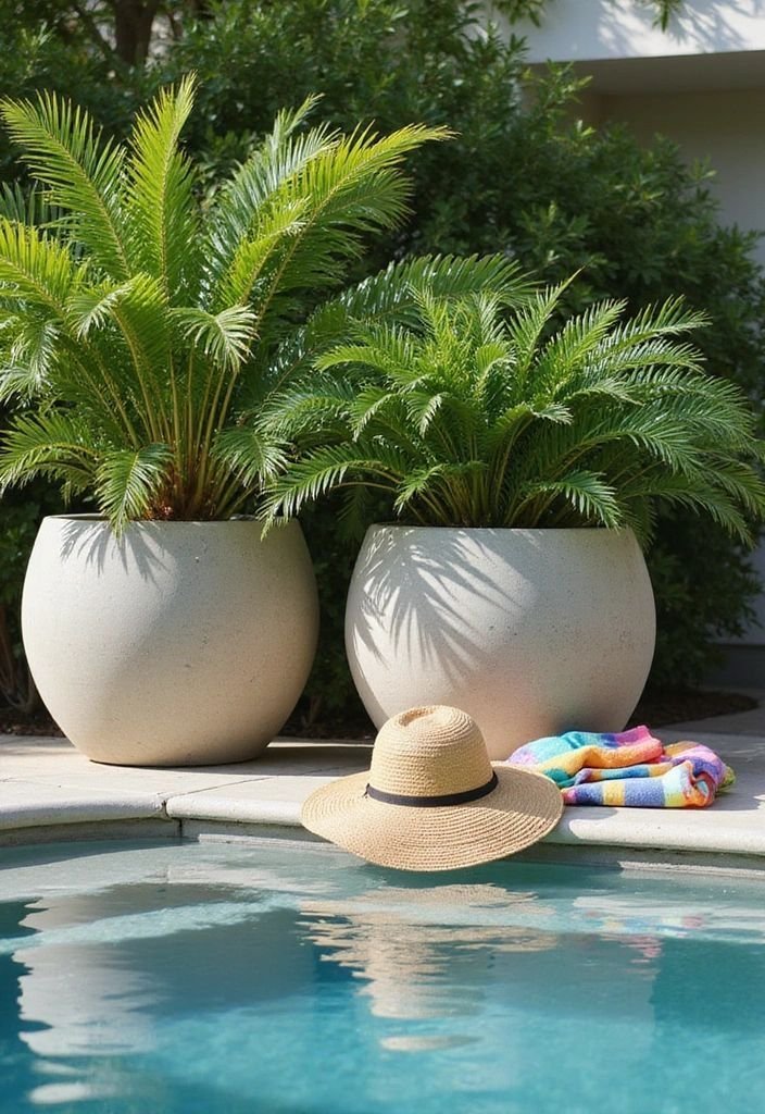 Various potted plants arranged for a resort-like pool area