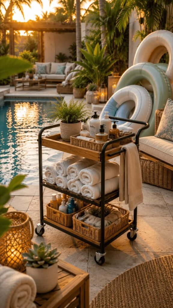 Stylish poolside towel and drink station for convenience