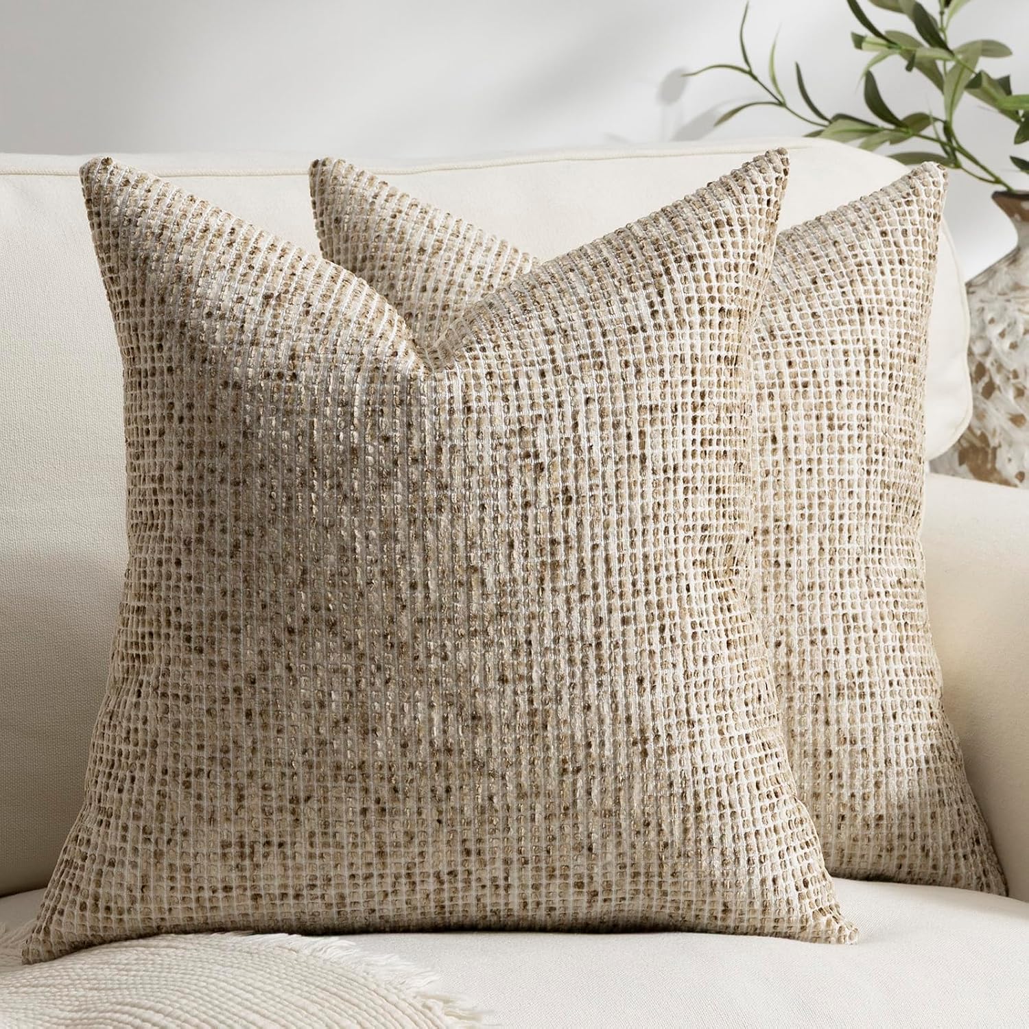 Neutral Boho Textured Chenille Throw Pillow Covers, 18 x 18 Inch, Pack of 2