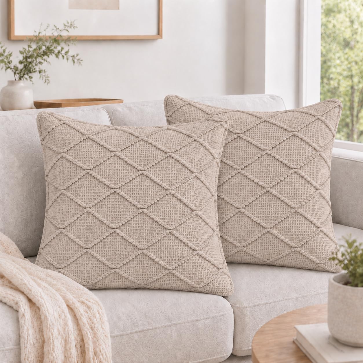 Knitted Diamond Textured Throw Pillow Covers, 17 x 17 Inch, Set of 2