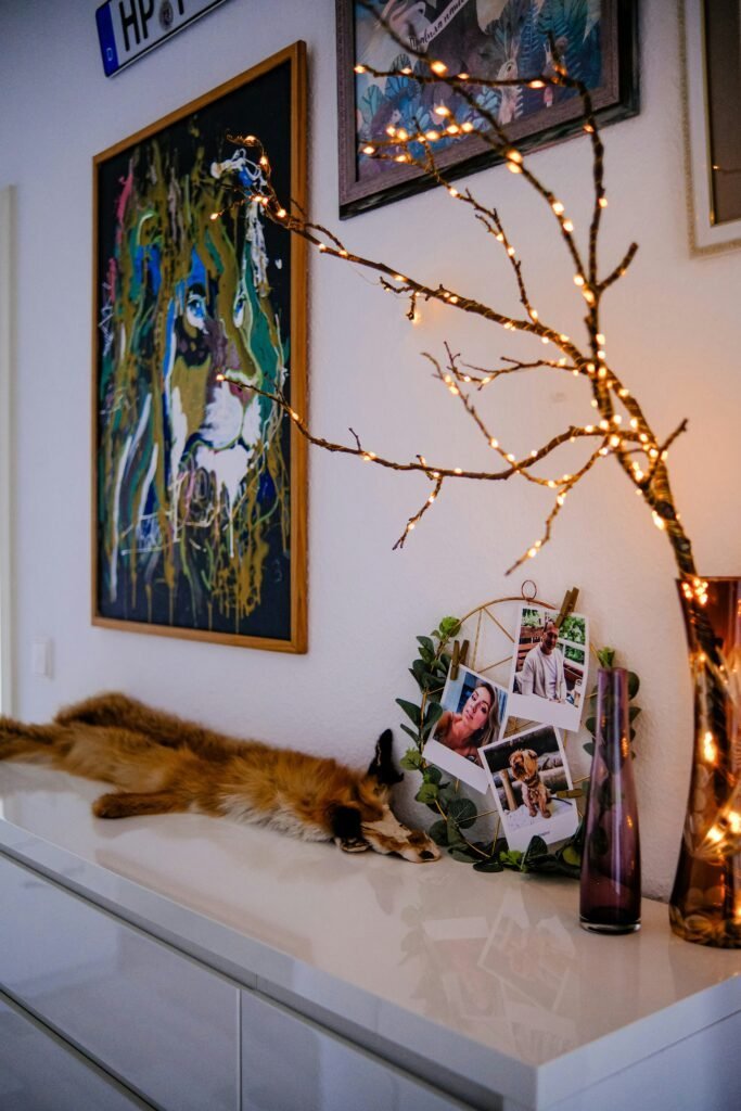 Winter-themed artwork displayed on a living room wall