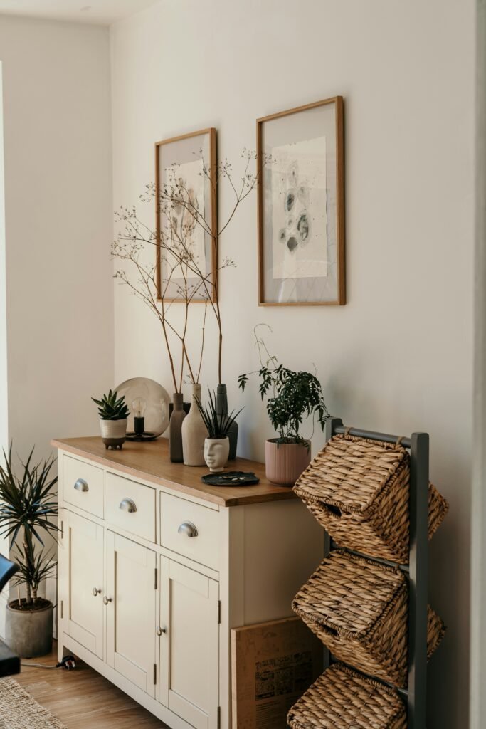 Natural woven baskets used for cozy winter storage styling