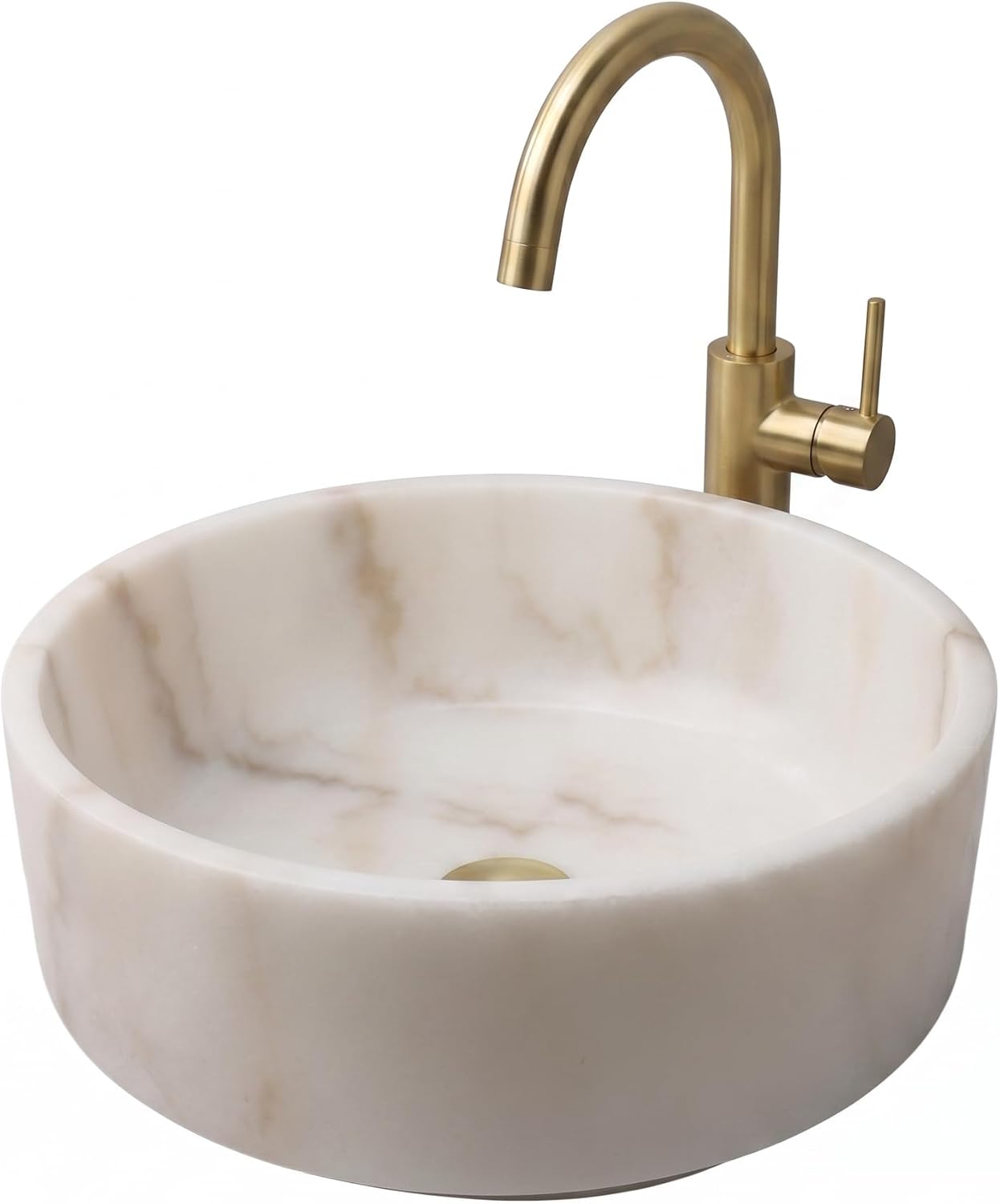 16 Inch Natural Stone Round Bathroom Vessel Sink, White Marble