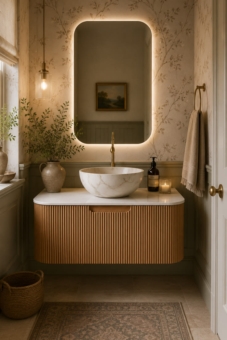 Floating ribbed wood vanity with a backlit rounded mirror, marble vessel sink, brass faucet and pendant light