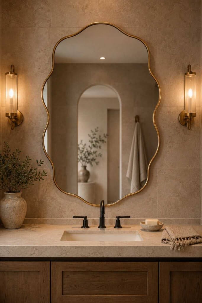 Wavy scalloped gold mirror above a stone bathroom counter with a black faucet and brass sconces