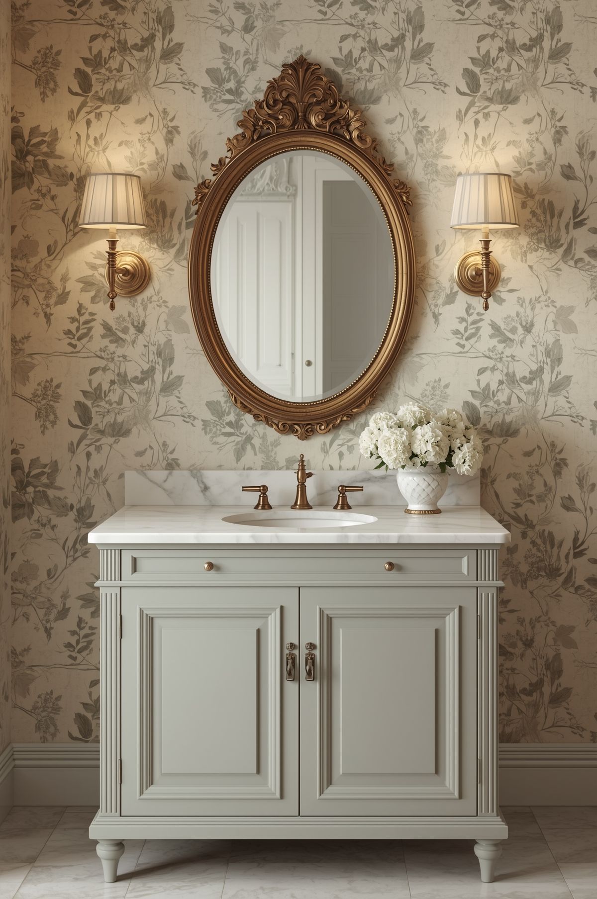 Pale sage green monochromatic powder room with vintage floral wallpaper, a green vanity and brass fixtures