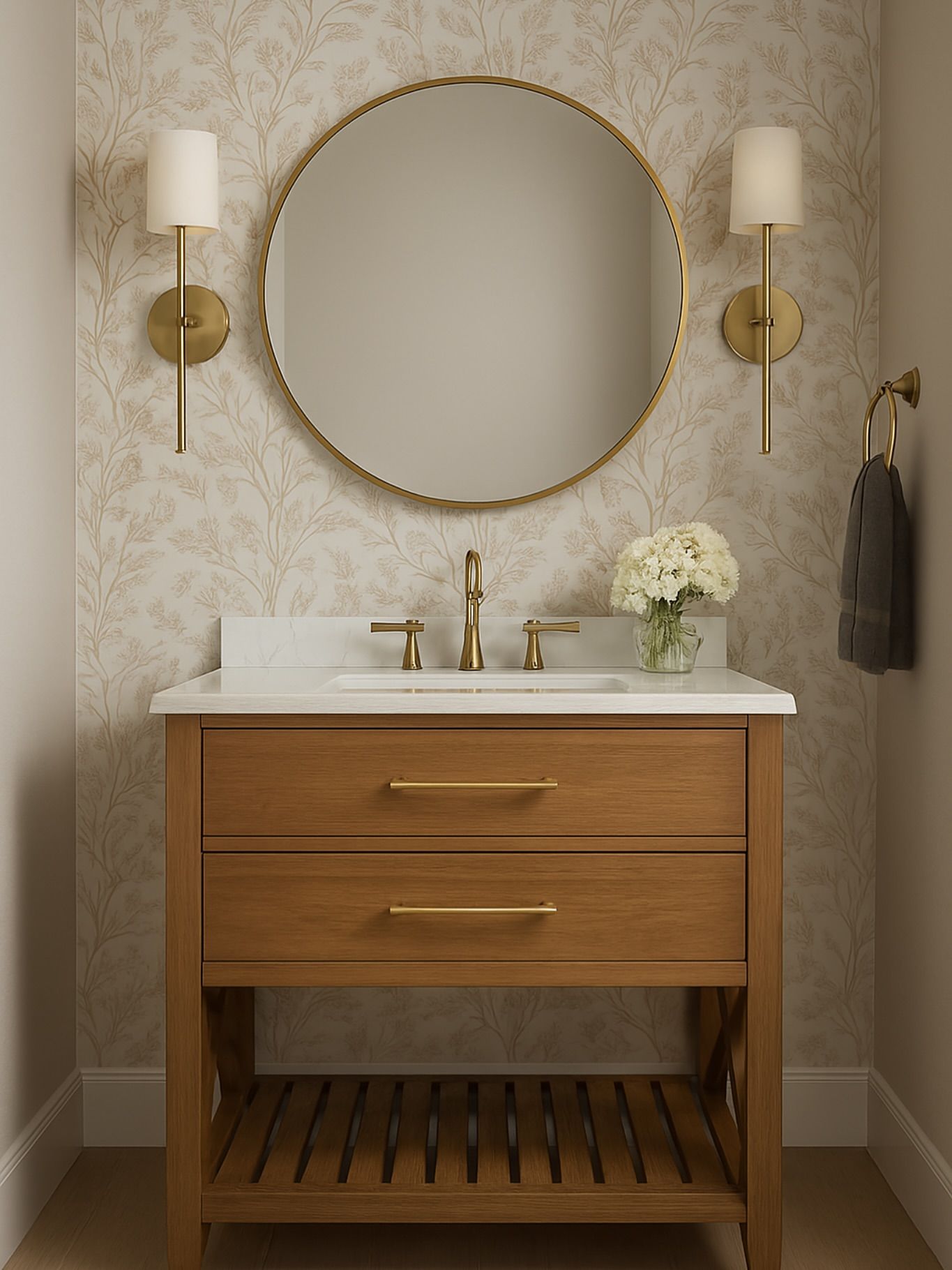 Wood vanity with brass hardware and a round brass mirror against subtle branch-print wallpaper