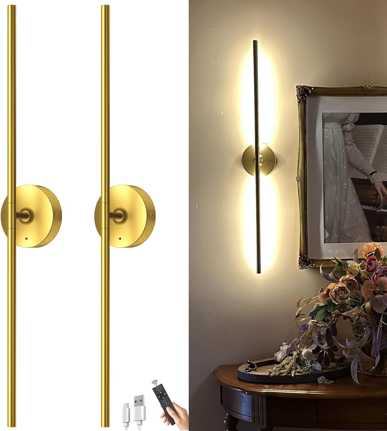 Battery Operated Gold Wall Sconces, Set of 2, Wireless Rechargeable