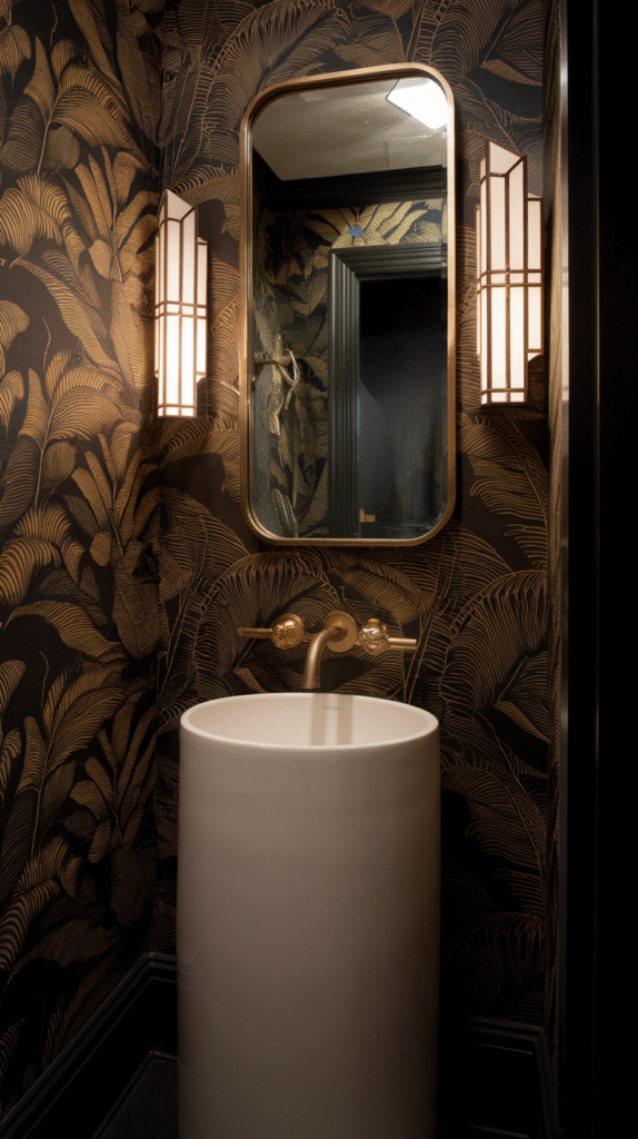 Bold, dramatic design choices in a small luxurious powder room