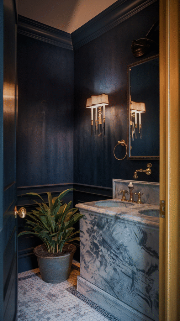 A powder room with several considered luxury details working together