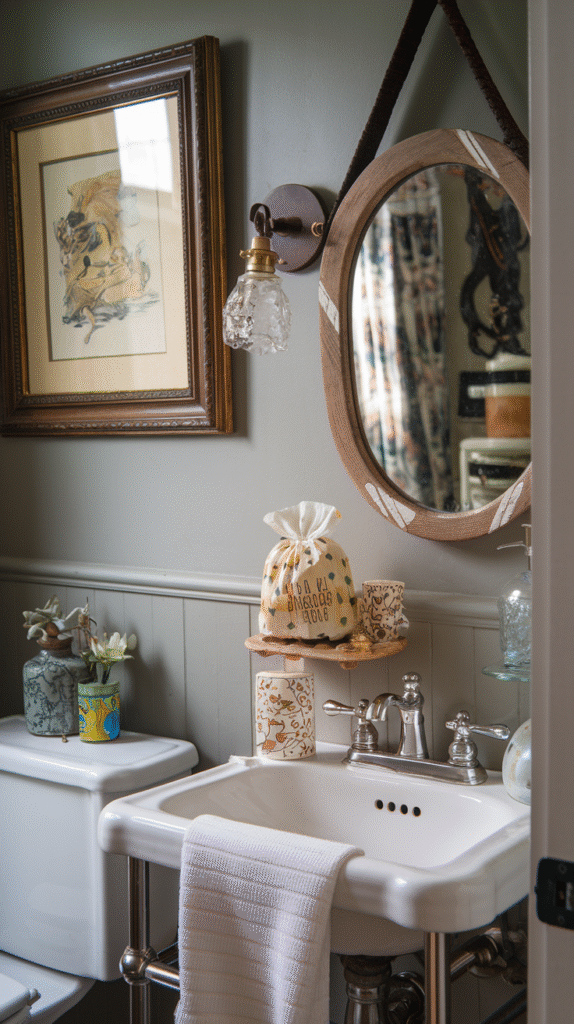 A personalized powder room feeling luxurious through genuine character