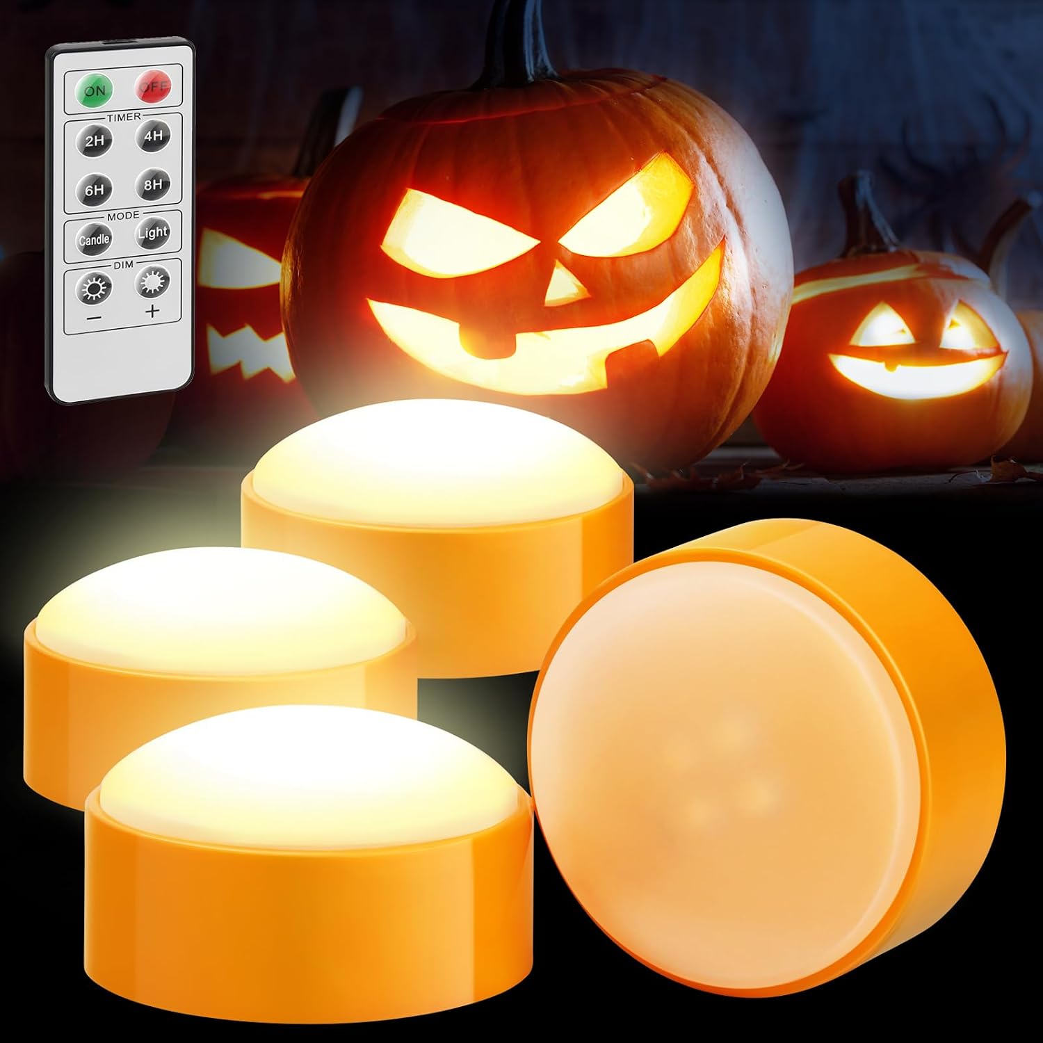 Luditek 4 Pack Orange LED Pumpkin Lights with Remote and Timer