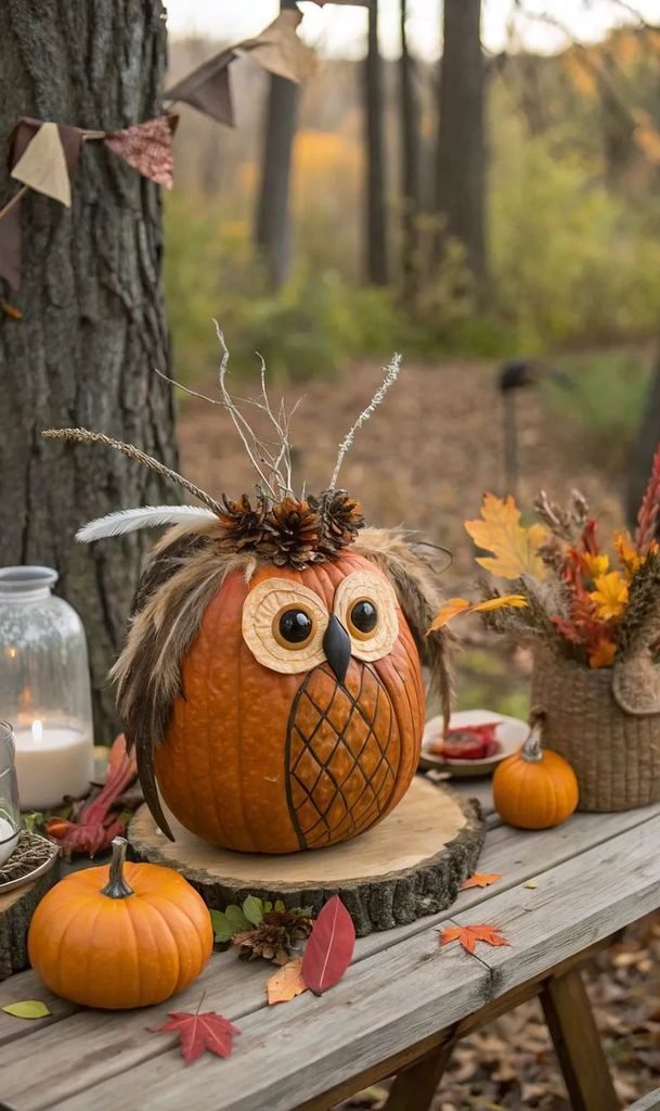 Owl face carved into a pumpkin with large circular eyes