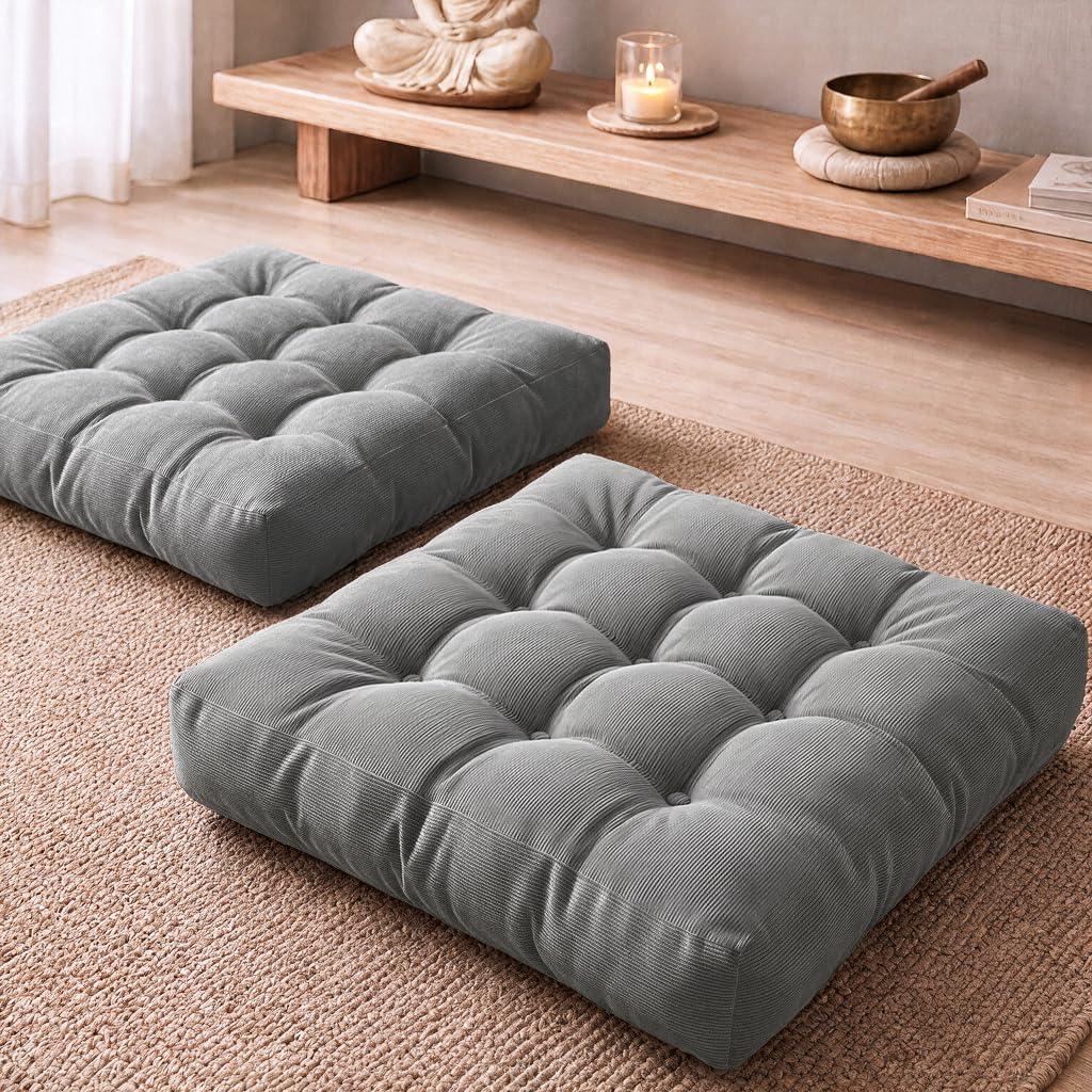 Large Floor Pillows, Set of 2, 22 Inch Square Meditation Cushions