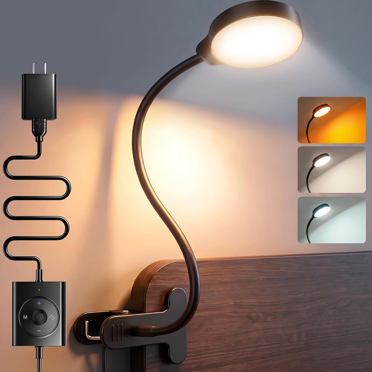 Glocusent 5W Clip-On Reading Light for Bed, 3 Colors and 5 Brightness Levels