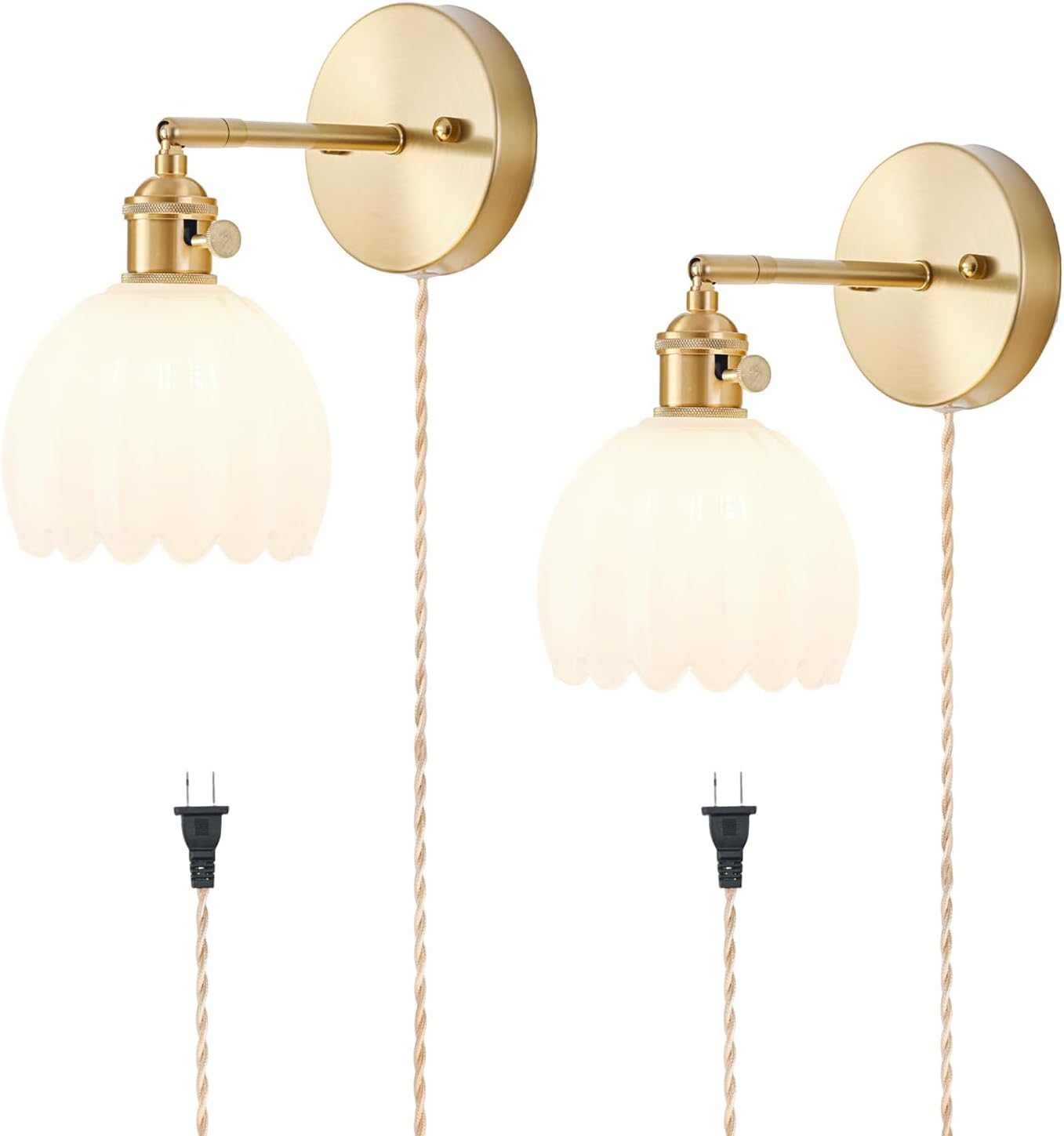 Plug-In Wall Sconces, Set of 2, Vintage Brass with Tulip Milk White Glass Shade