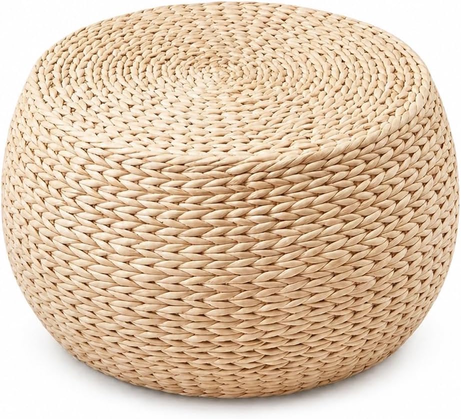 Round Natural Straw Pouf Ottoman, Handwoven Boho Footrest