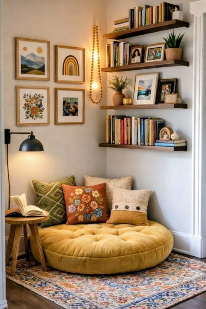 Round tufted mustard yellow floor cushion in a room corner with patterned throw pillows, a gallery wall and floating bookshelves