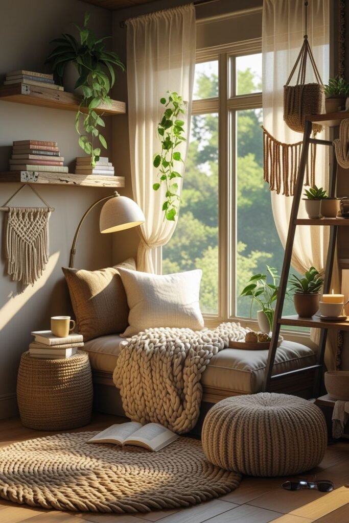 Boho window reading nook with a cushioned bench seat, chunky knit throw, round woven pouf, macrame wall hanging and hanging plants