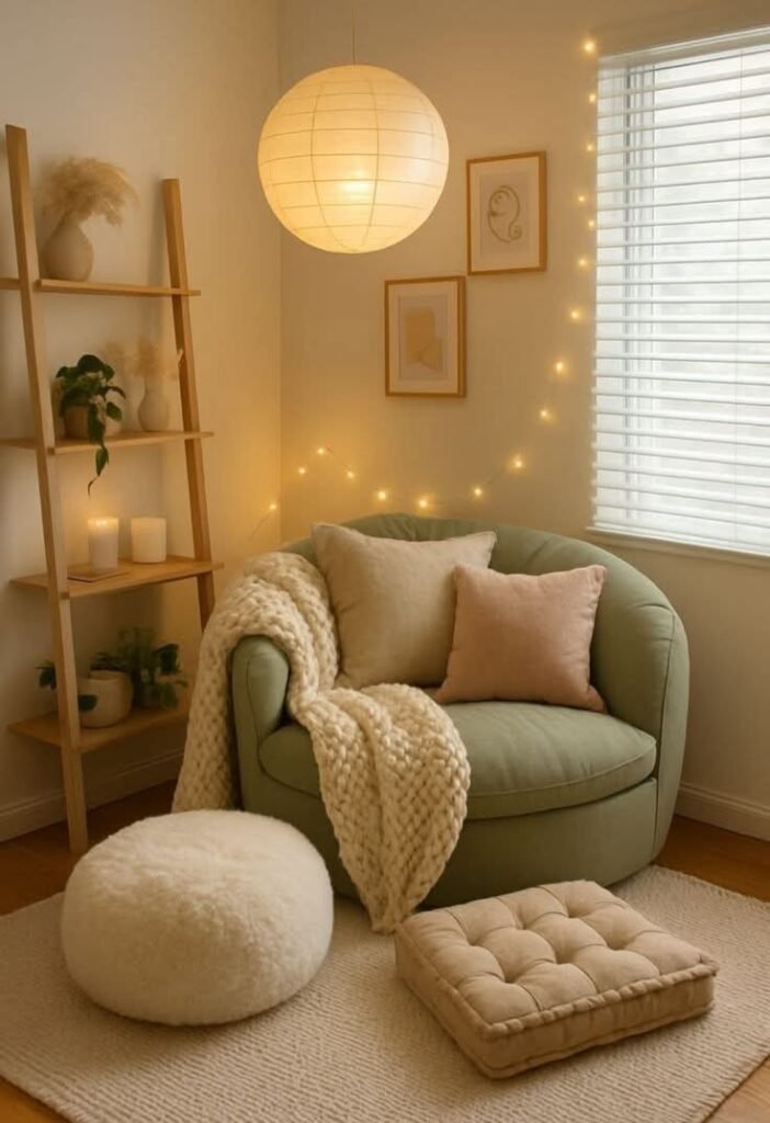Sage green swivel chair with cushions and a knit throw beside a wood ladder shelf and paper lantern pendant light strung with fairy lights