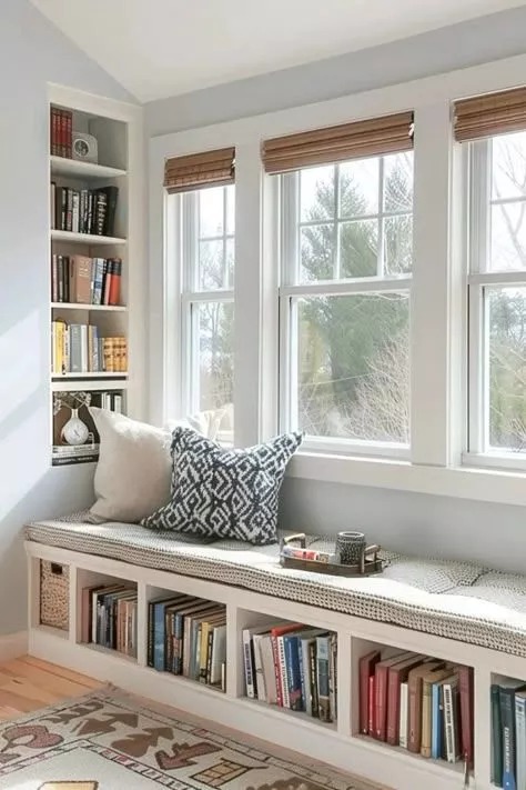 Built-in window bench seat with cushions and patterned throw pillows above open bookshelf storage filled with books