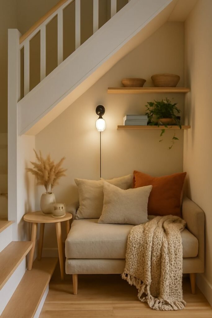 Reading nook built into the space under a staircase with a cushioned bench, wall sconce, floating shelves and dried pampas grass