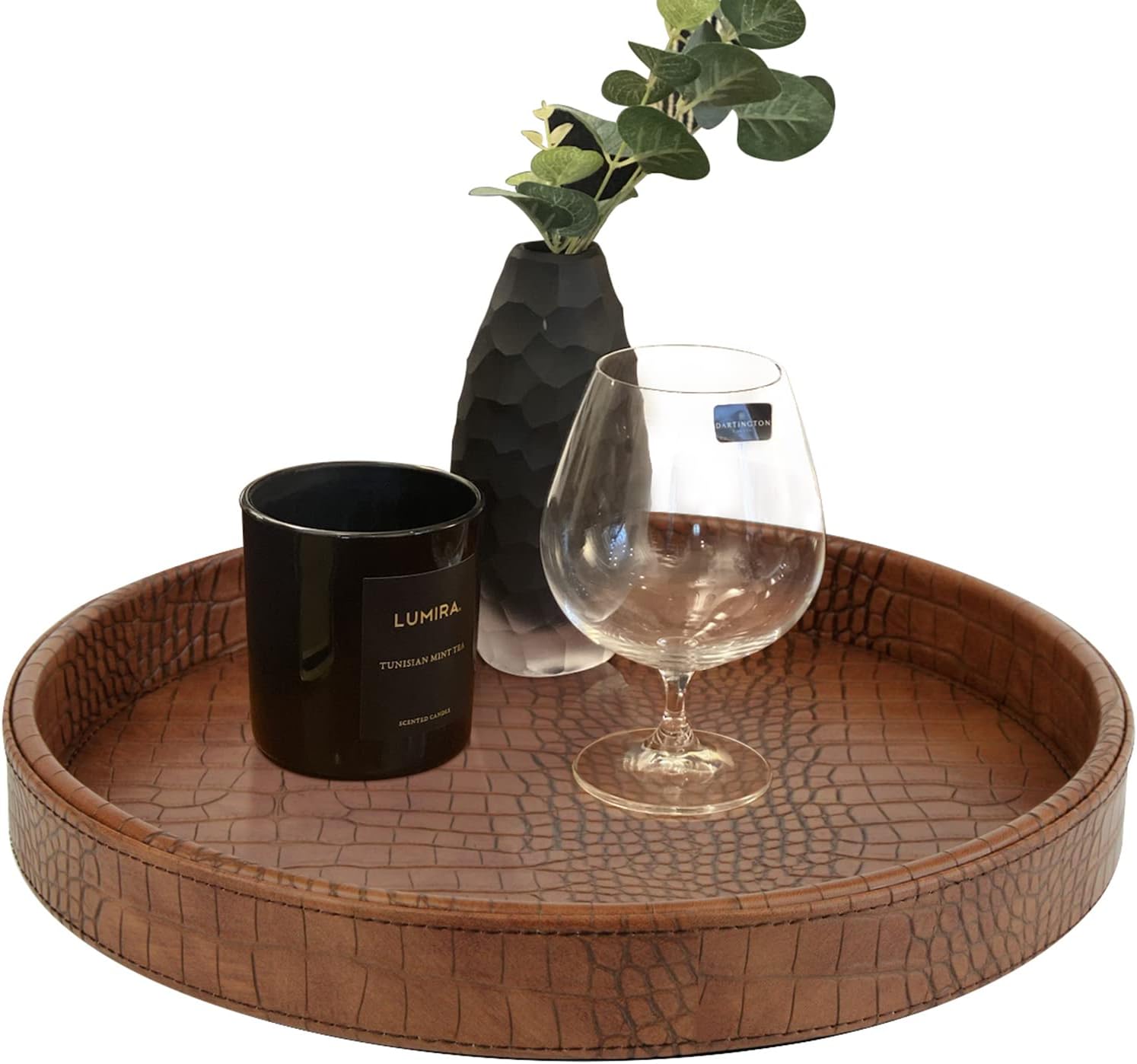 HofferRuffer Faux Leather Round Serving Tray, Croco Texture