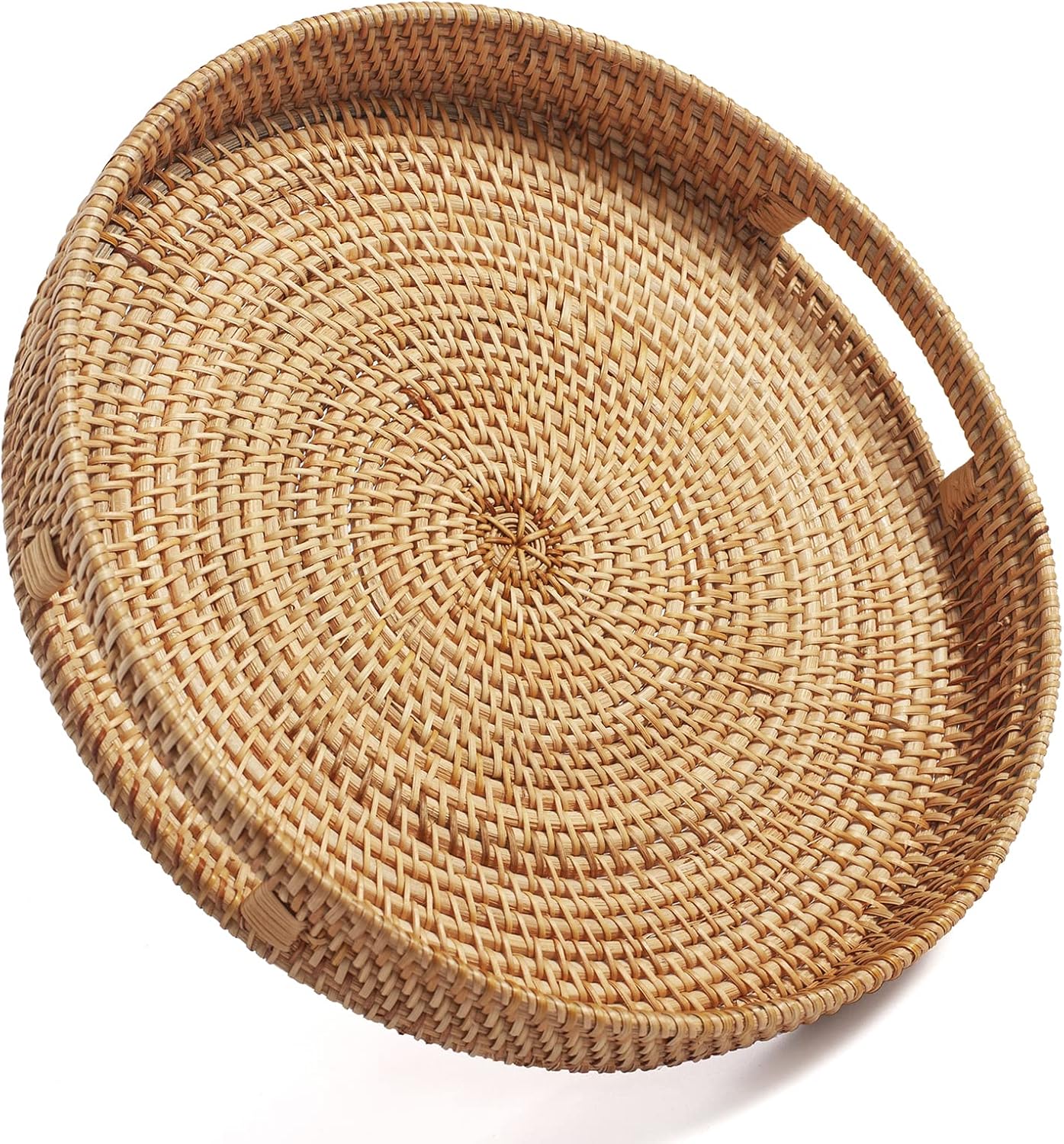Round Rattan Ottoman Coffee Table Tray with Handles, Woven
