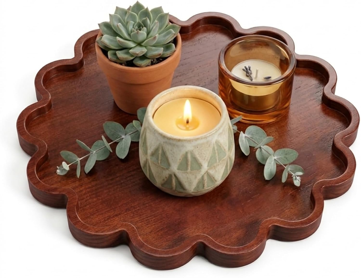 EupHHonycs Scalloped Round Wooden Serving Tray for Decor, 12.6 Inch