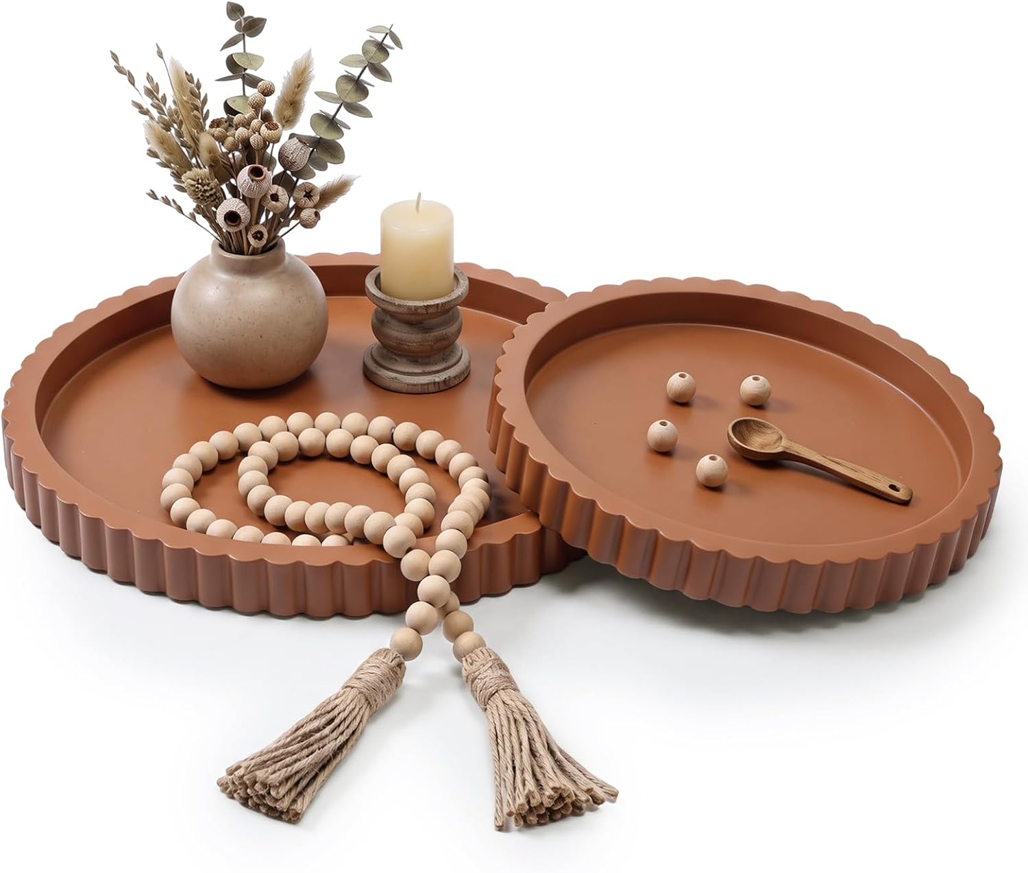 Round Scalloped Wood Decorative Tray Set, 2 Piece